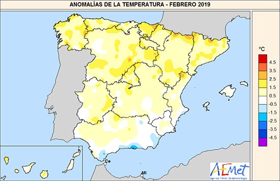Mapa de anomalías de la temperatura de febrero en España. Imagen: Miteco