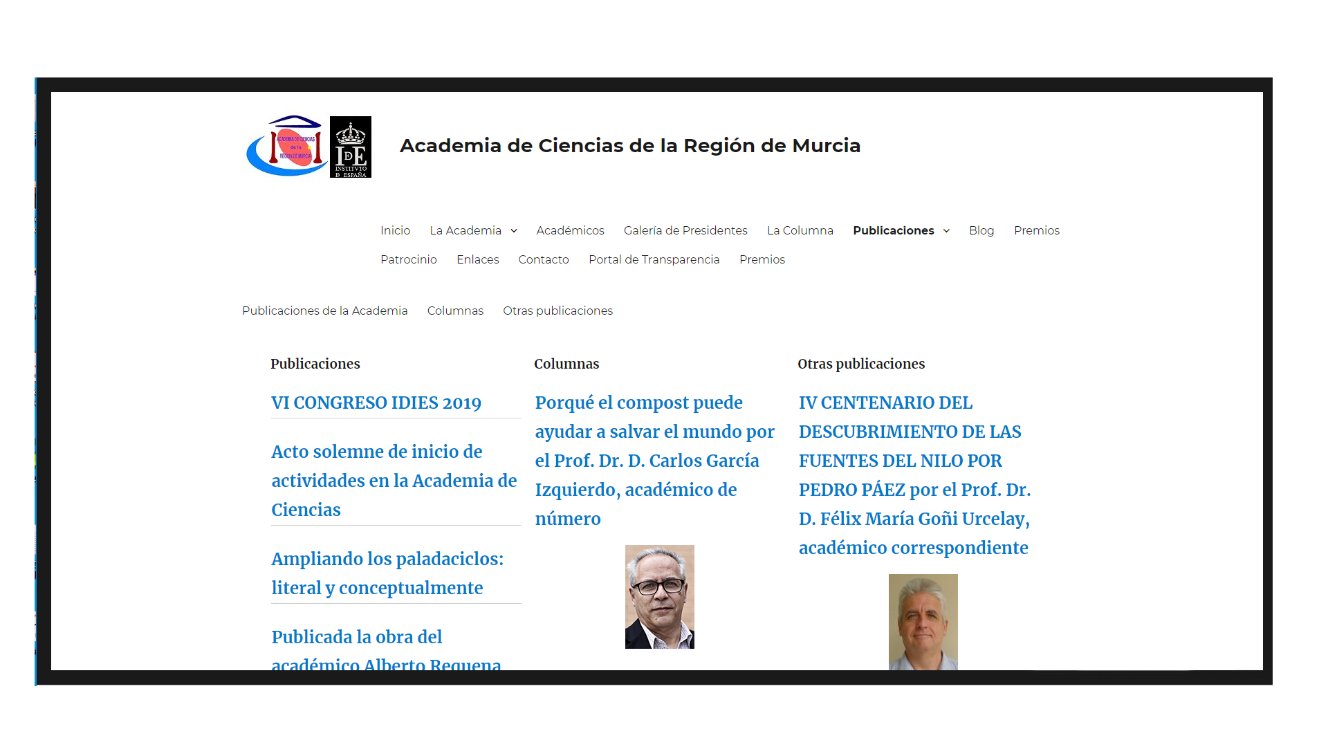 Pantallazo de la página web de la Academia de Ciencias de la Región de Murcia