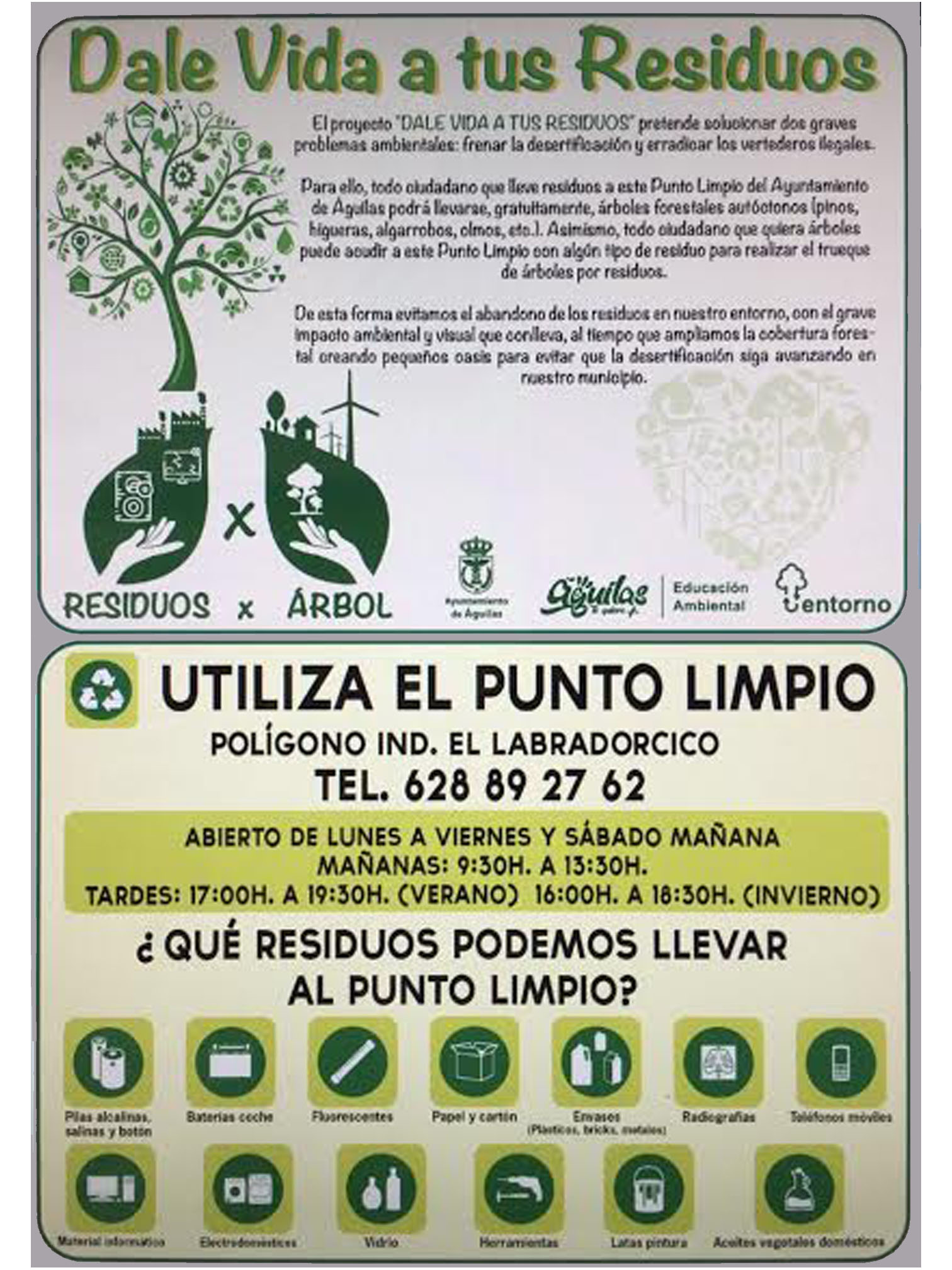 Cartel informativo sobre el Punto Limpio y la campaña 'Dale vida a tus residuos'. Imagen: Ayto. de Águilas