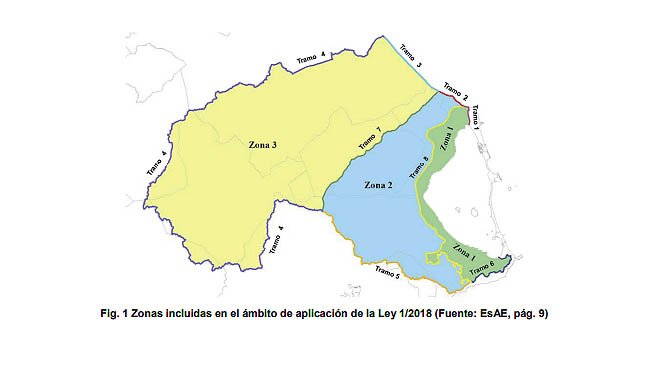 Zonas incluidas en el ámbito de aplicación de la Ley 1/2018 (Fuente: EsAE, pág. 9) . Extraído del BORM