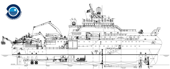 Boceto del buque oceanográfico multidisciplinar, que tendrá una eslora superior a los 80 metros. Imagen: IEO