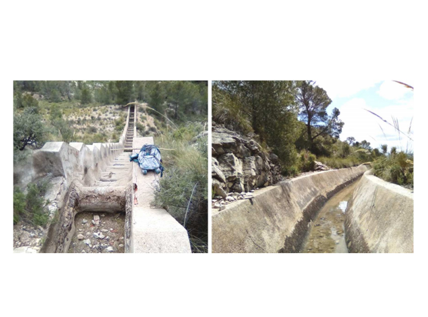 Fotografías de dos partes del tramo Los Chillíos, una formada por escalones y otra que transcurre a ras de tierra donde las tortugas pueden entrar por accidente. Imagen: CARM