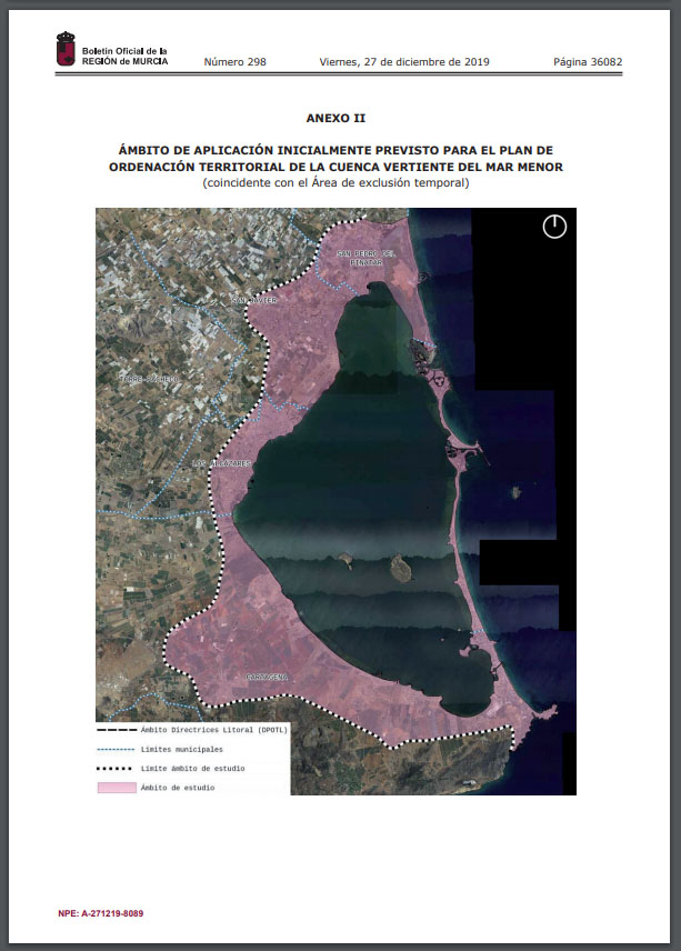 Ámbito de aplicación inicialmente previsto para el Plan de Ordenación Territorial de la cuenca vertiente del Mar Menor (coincidente con el Área de exclusión temporal). Extraído del Decreto Ley