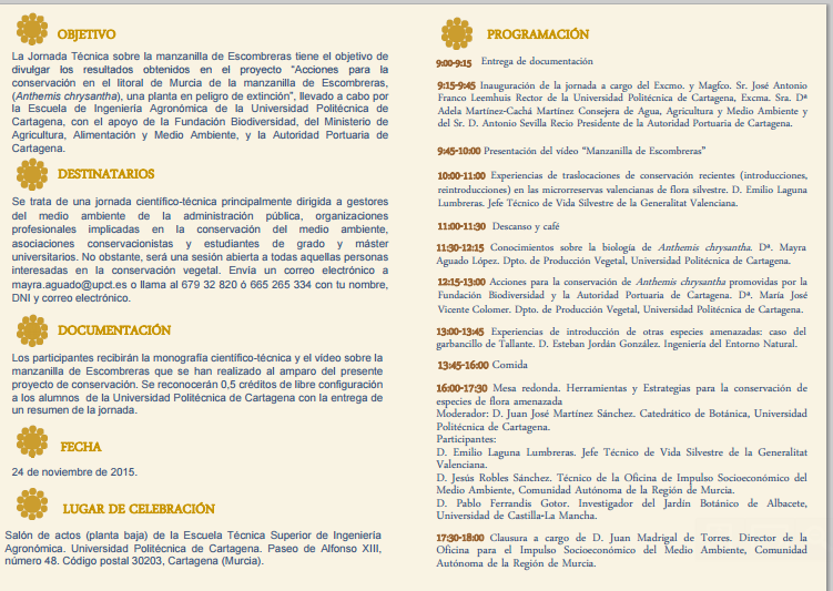 Jornada técnica sobre el proyecto de conservación de la manzanilla de Escombreras. Programa