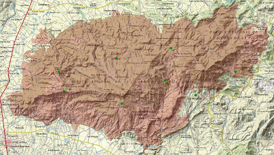 Mapa del Censo Invernal de Dormideros de Chova Piquirroja en la Sierra de La Pila, con Caramucel