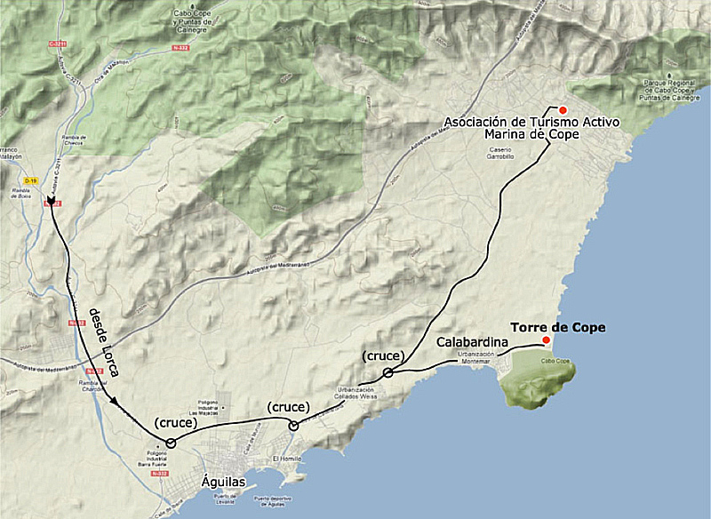 Mapa de la ruta senderista paisajística de la costa murciana con AMNI