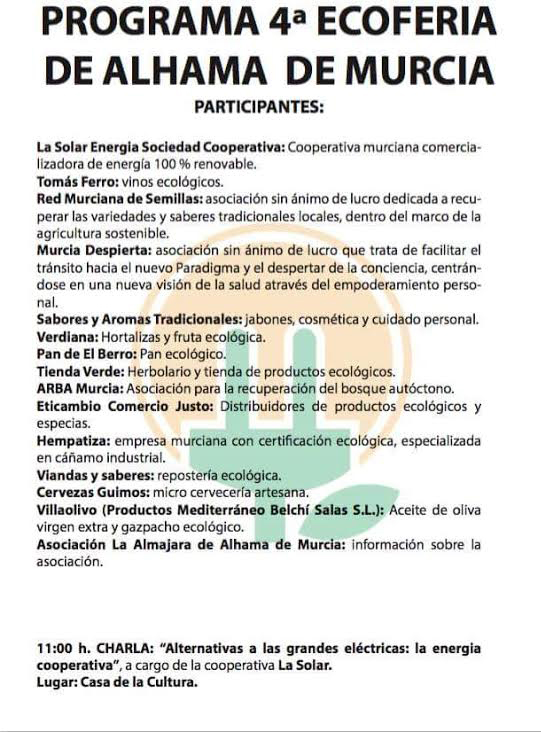 Programa de la 4ª Ecoferia de Alhama, con Almajara Alhama de Murcia