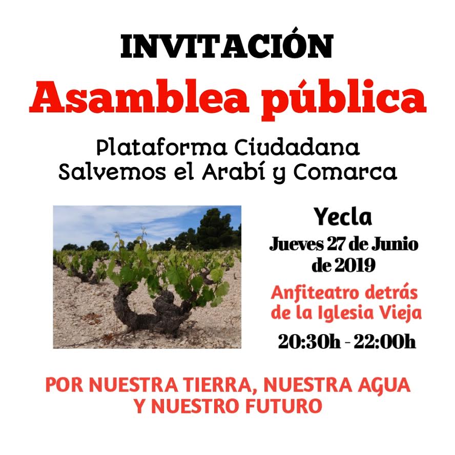 Asamblea pública para tratar el agua en Yecla y Comarca, con Plataforma Ciudadana Salvemos el Arabí y Comarca