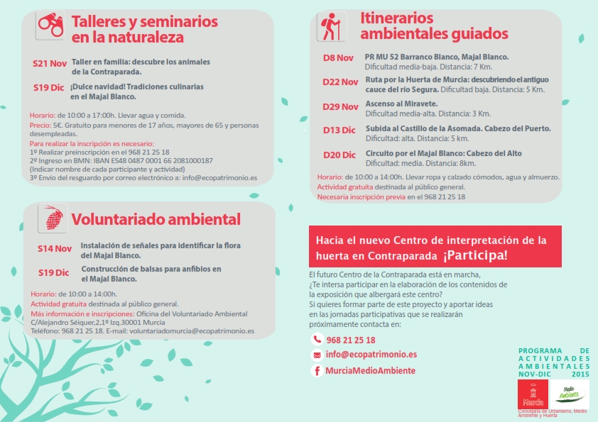 Programa de actividades ambientales de noviembre y diciembre del Ayto. de Murcia