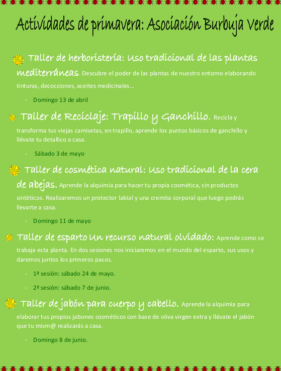 Cartel de varias actividades de Burbuja Verde