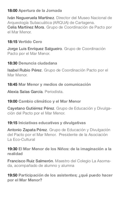 Programa de la I Jornada ciudadana Pacto por el Mar Menor