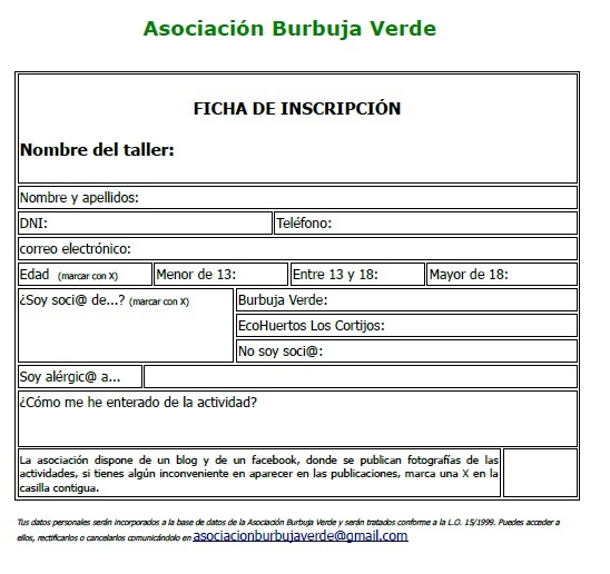 Ficha de Inscripción la Taller de Burbuja Verde.