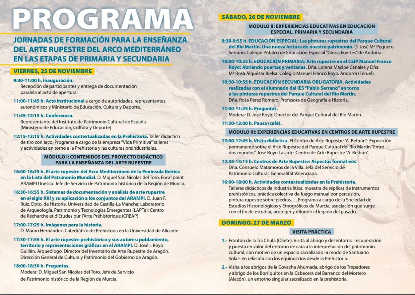 Programa de las Jornadas de Formación para la Enseñanza del Arte Rupestre del Arco Mediterráneo en Primaria y Secundaria