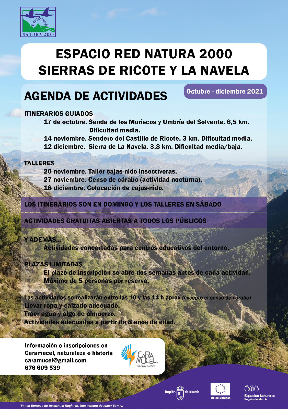 Actividades del Espacio Red Natura 2000 de Sierras de Ricote y La Navela octubre a diciembre de 2021. Actividades del Espacio Red Natura 2000 de Sierras de Ricote y La Navela octubre a diciembre de 2021