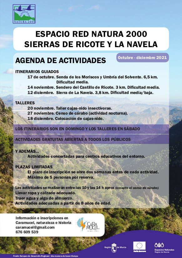 Actividades del Espacio Red Natura 2000 de Sierras de Ricote y La Navela octubre a diciembre de 2021. Actividades del Espacio Red Natura 2000 de Sierras de Ricote y La Navela octubre a diciembre de 2021