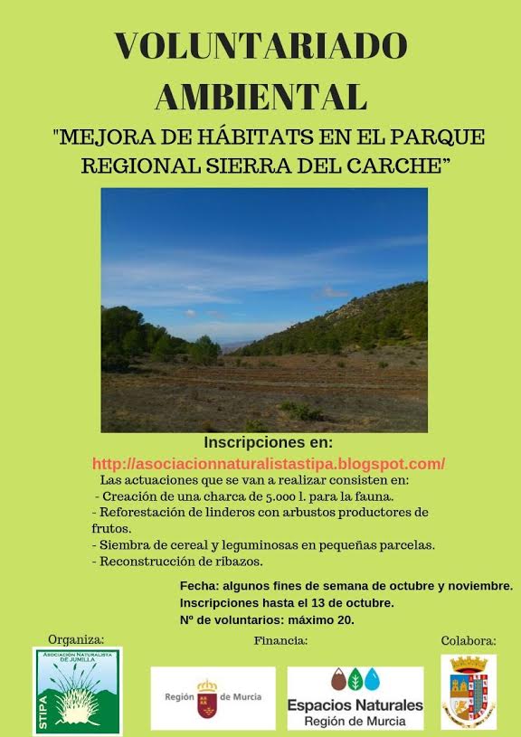 Voluntariado para la 'Mejora de hábitats en el Parque Regional Sierra de El Carche', con Stipa Voluntariado para la 'Mejora de hábitats en el Parque Regional Sierra de El Carche', con Stipa