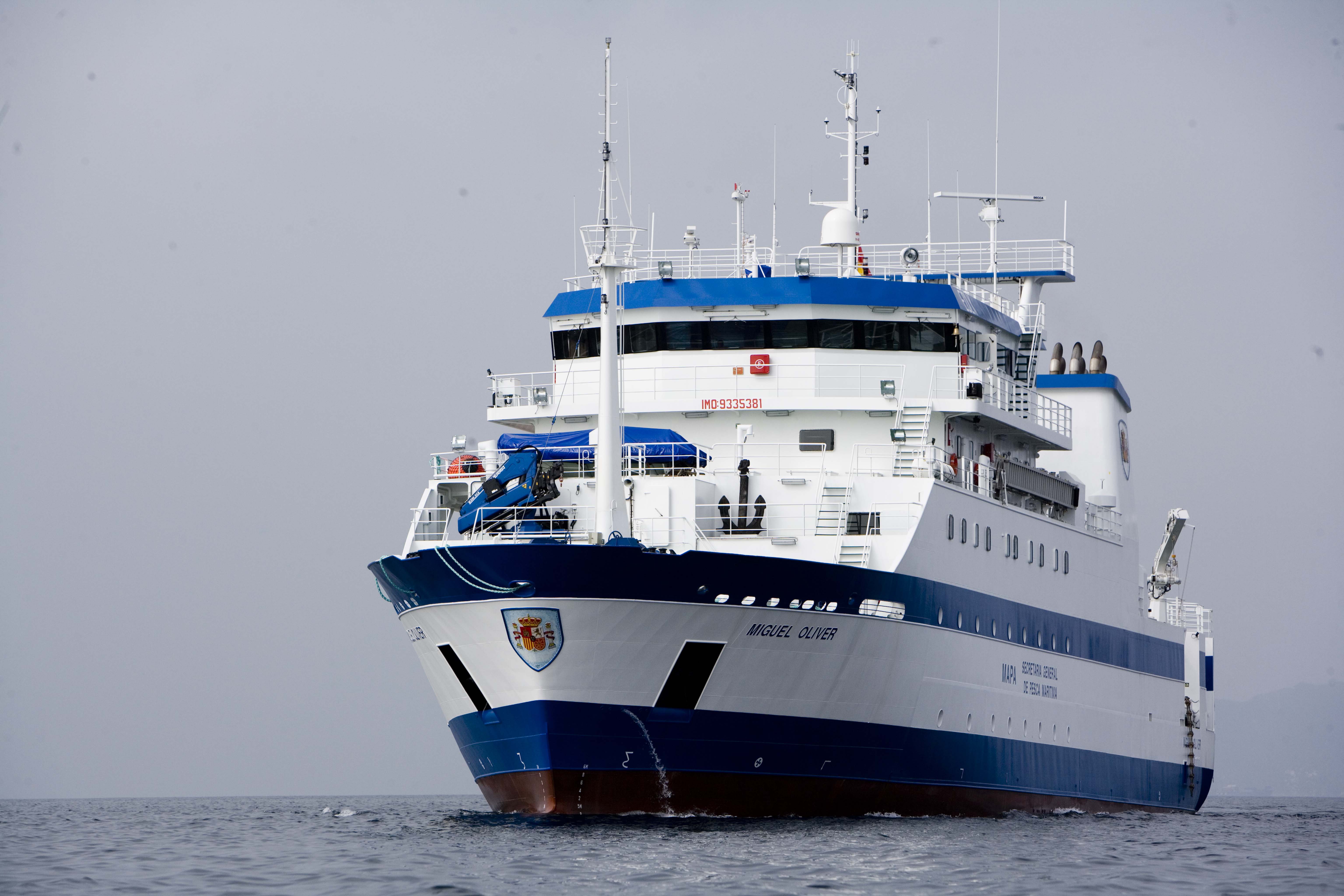 El Miguel Oliver es el más grande los tres buques de investigación pesquera y oceanográfica de la Secretaría General de Pesca. Imagen: Mapam
