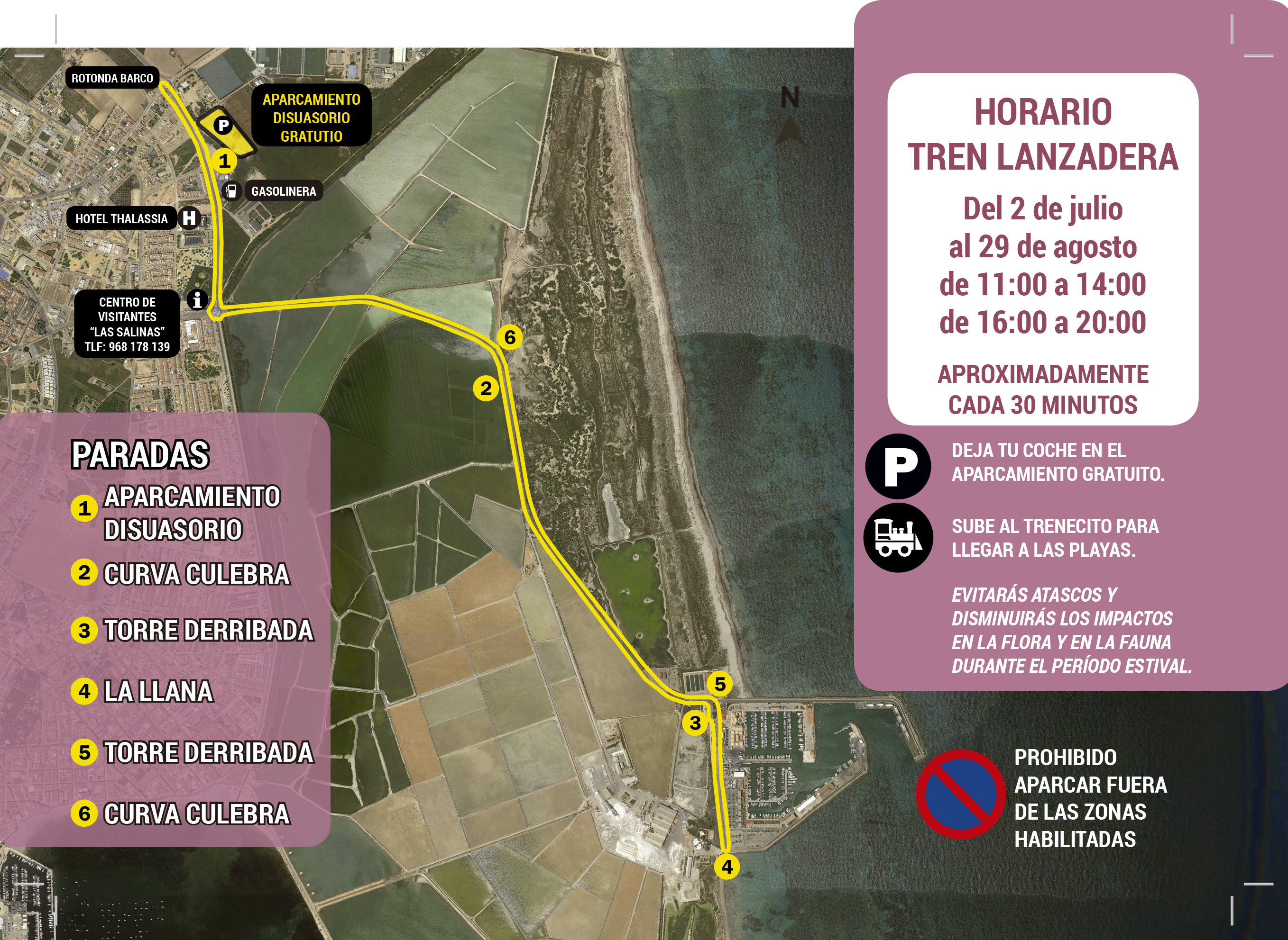 itinerario del tren lanzadera del PR de las Salinas y Arenales de San Pedro del Pinatar. imagen: CArm