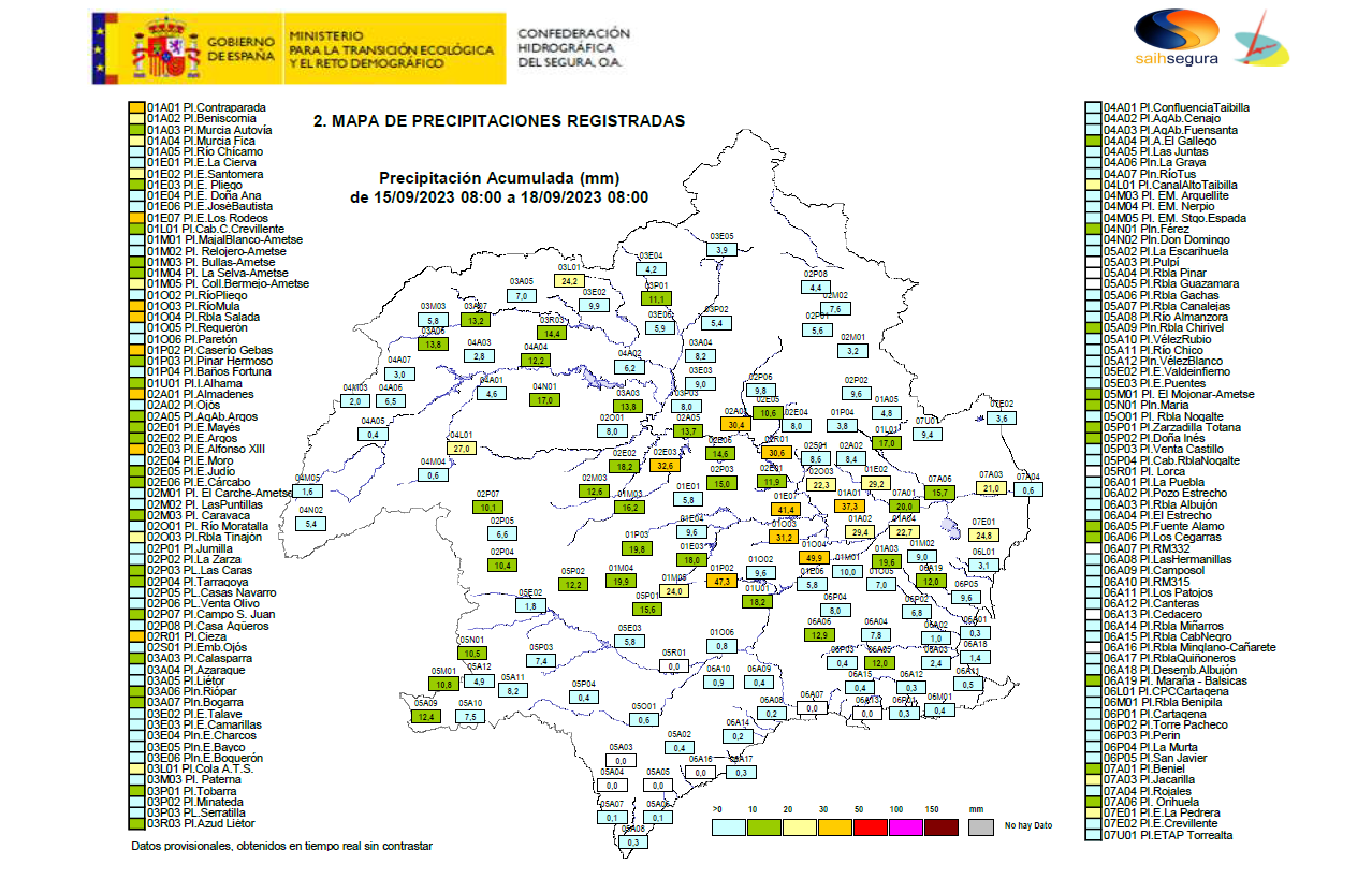 Mapa de precipitaciones registradas. Fuente: CHS