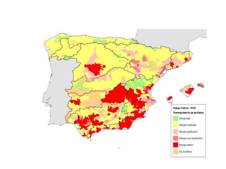 Grado de sobreexplotación de los acuíferos en España. Fuente: WWF España 2018