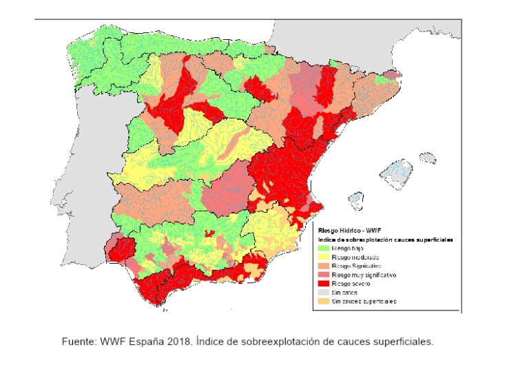 Índice de sobreexplotación de cauces superficiales. Fuente: WWF España 2018