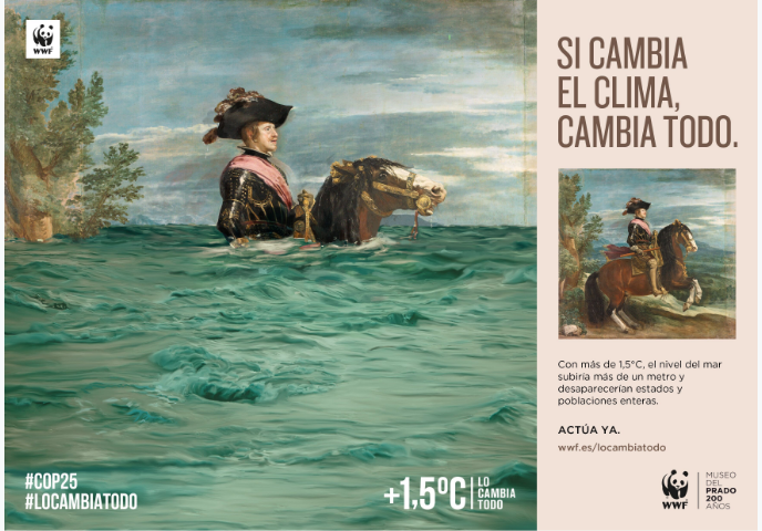 El nivel del mar sube hasta casi ahogar al caballo de Felipe IV, en la nueva campaña contra el Cambio Climático de WWF y el Museo del Prado