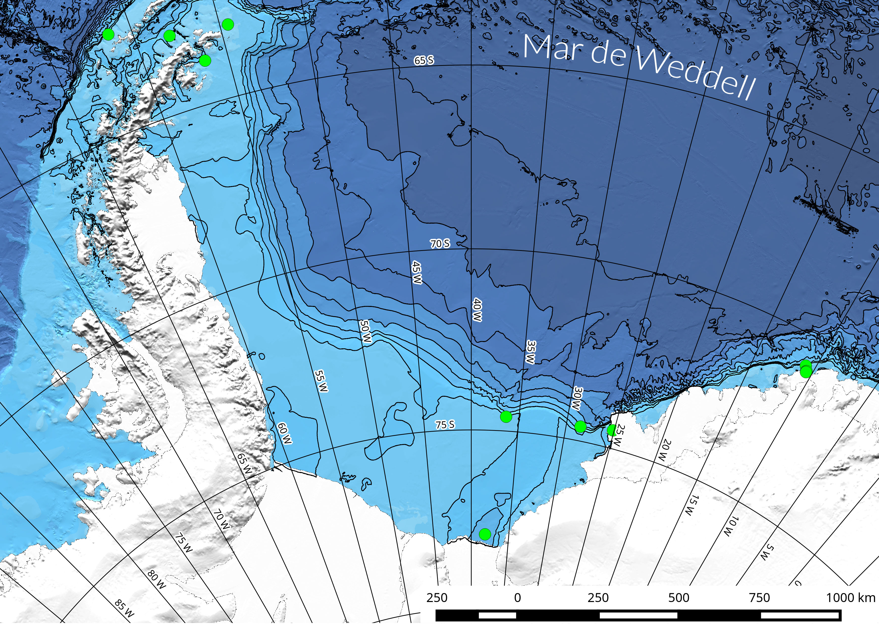 Se colocaron varias estaciones a lo largo de más de 4.000 kilómetros del Mar de Weddell. Imagen: CSIC