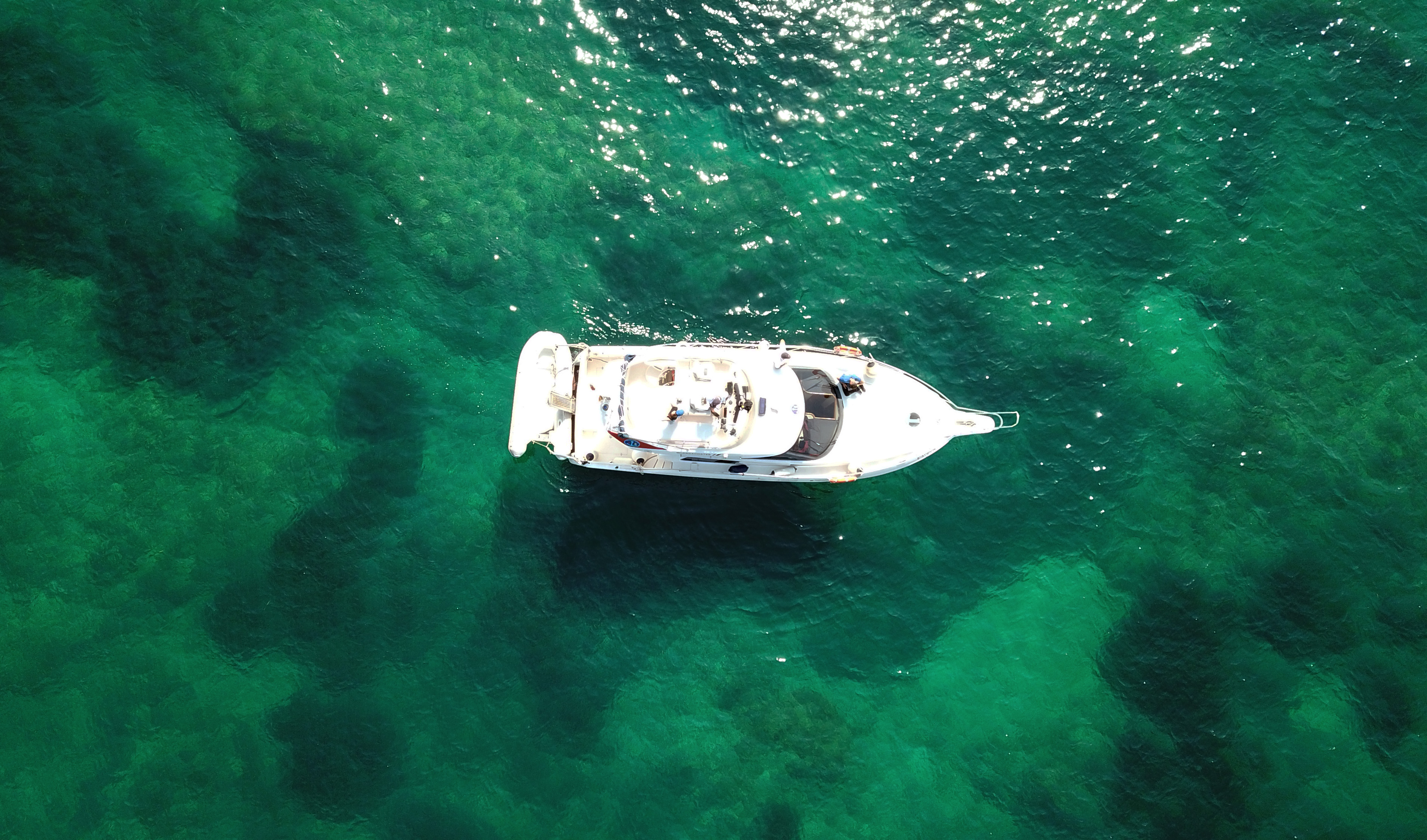 Vista aérea de una embarcación sobre zonas de posidonia en Denia. Foto: Fundación Oceanogràfic