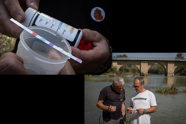 Kit gratuito de medición. A la derecha, voluntarios tomando muestras. Foto: Greenpeace
